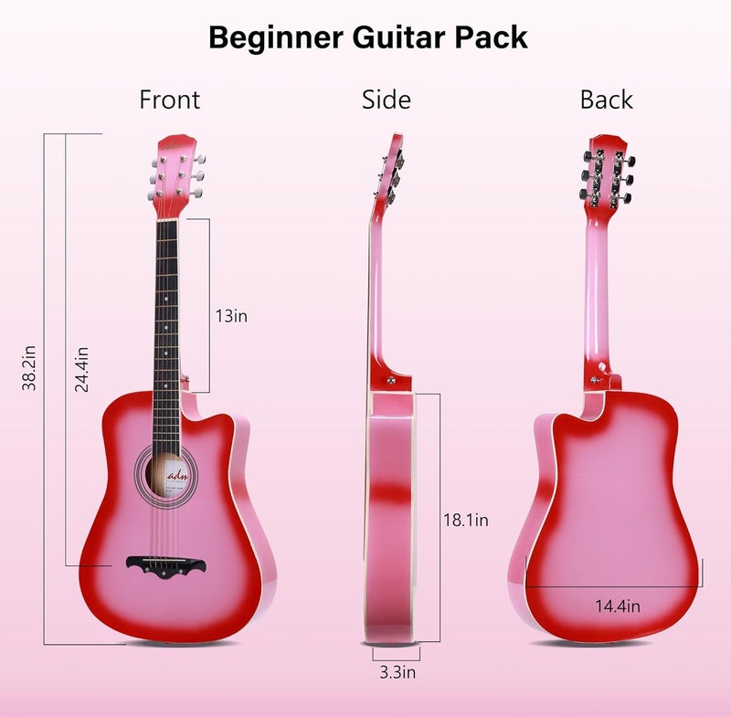 ADM 38" Inch Acoustic Guitar Bundle for Beginners Adults with Online Lesson, Cutaway Wood Acustica Guitarra Starter Set Package with Gig Bag, Strap, Steel Strings, Picks, Capos, Stand, Pink - Image 2